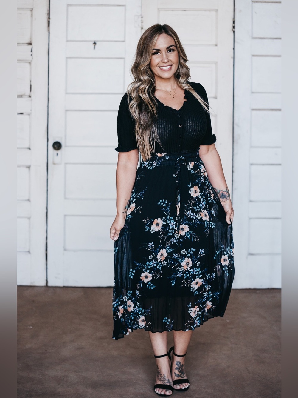Olivaceous Black Floral Pleated Midi Skirt Petite Friendly!